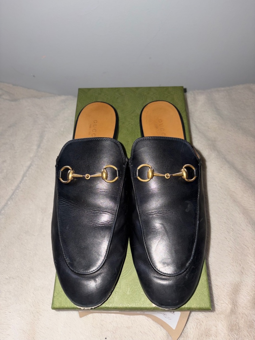 Gucci Black Leather Horsebit Mules with Gold Hardware